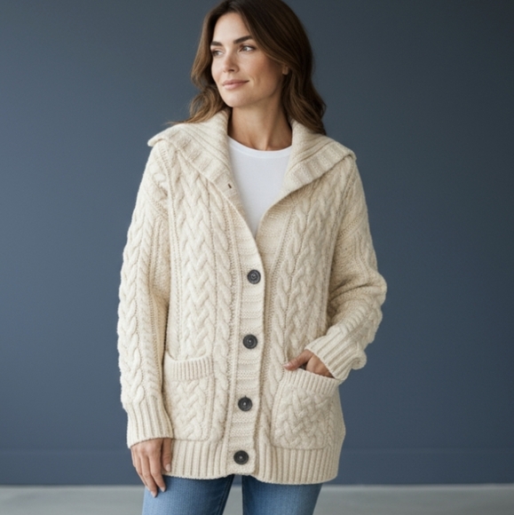 Carraig Donn Sweaters - Carraigdonn Irish made Chunky cream merino wool knit shawl collar cardigan sz S